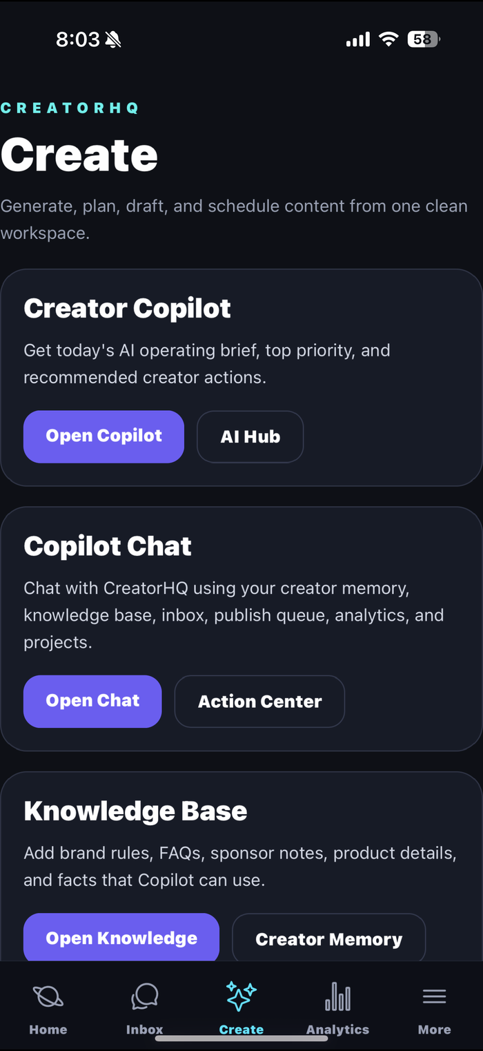 Create tab: Creator Copilot, Copilot Chat and Knowledge Base
