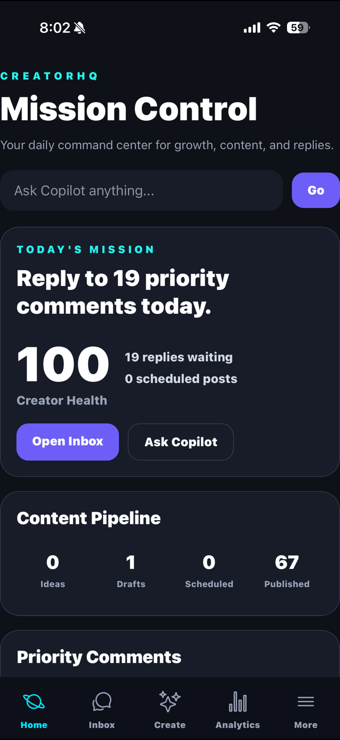 Home tab: Mission Control with Today's Mission and Creator Health 100