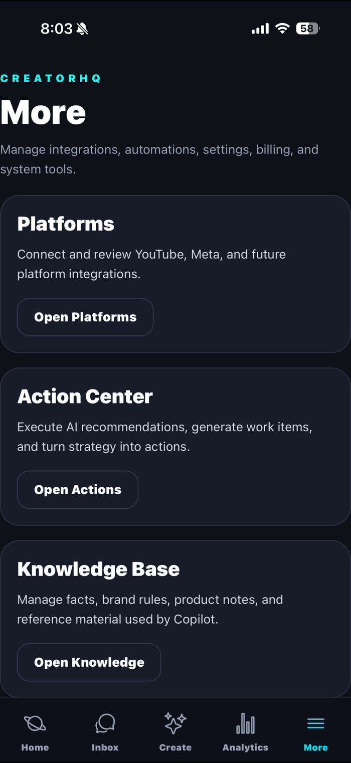 More tab: Platforms, Action Center and Knowledge Base cards