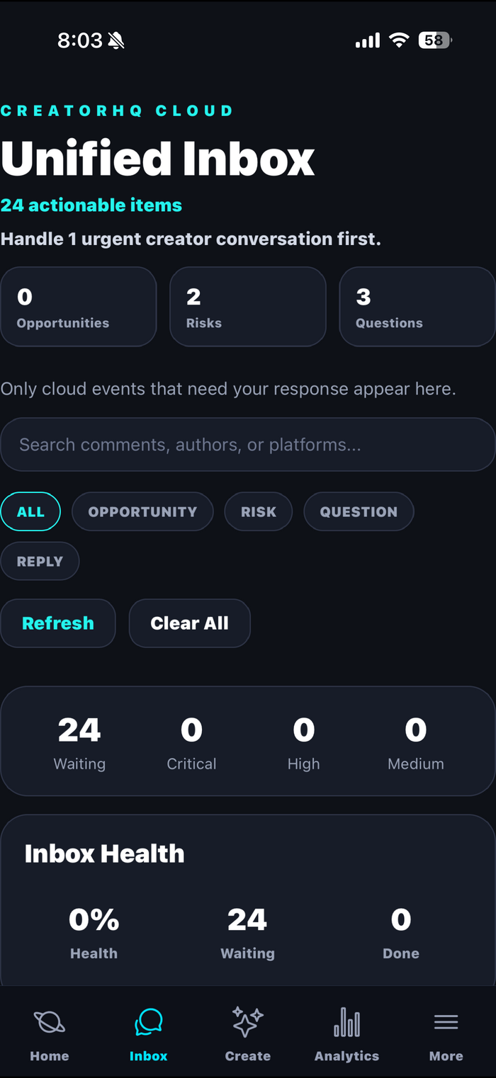 Inbox tab: 24 actionable items with filters and Inbox Health